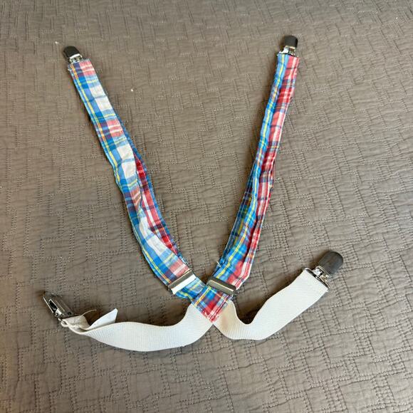 Toddler Boy Suspenders Blue Red Yellow White Plaid Preppy Easter - Picture 1 of 8